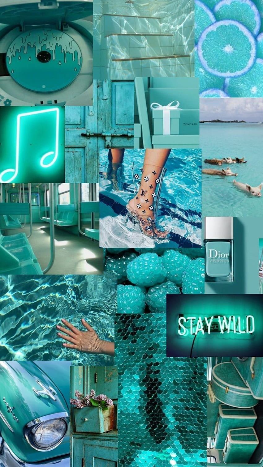 Aesthetic turquoise background with a car, gift, clock, and swimming pool - Aqua