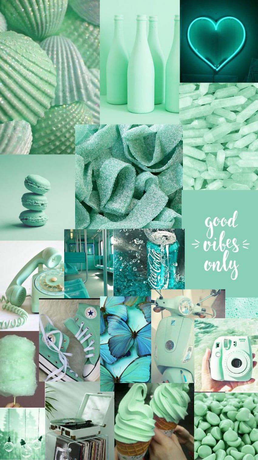 A collage of pictures in shades of green, including ice cream, candies, and a butterfly. - Aqua