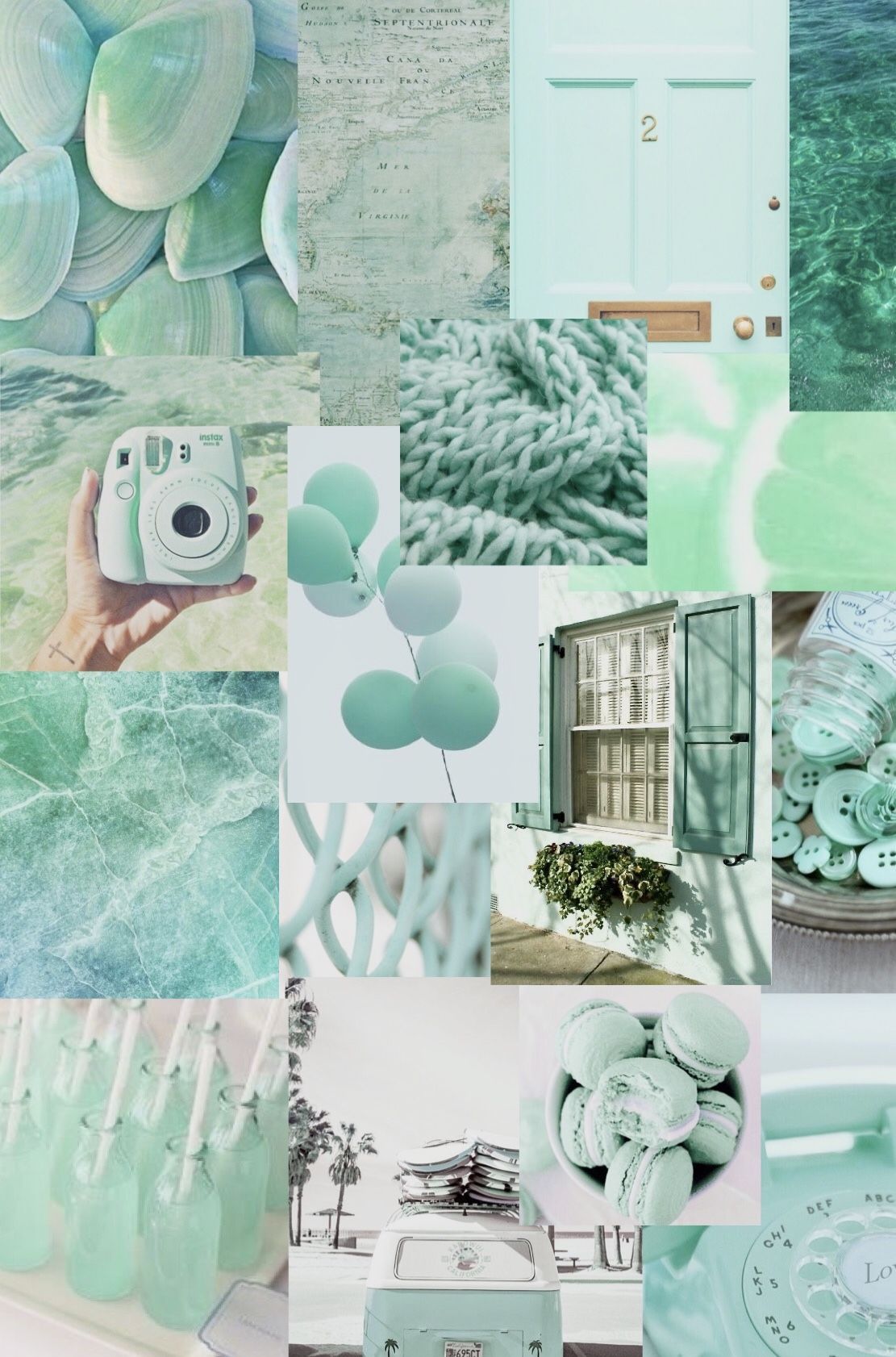 A collage of mint green and white aesthetic pictures. - Aqua