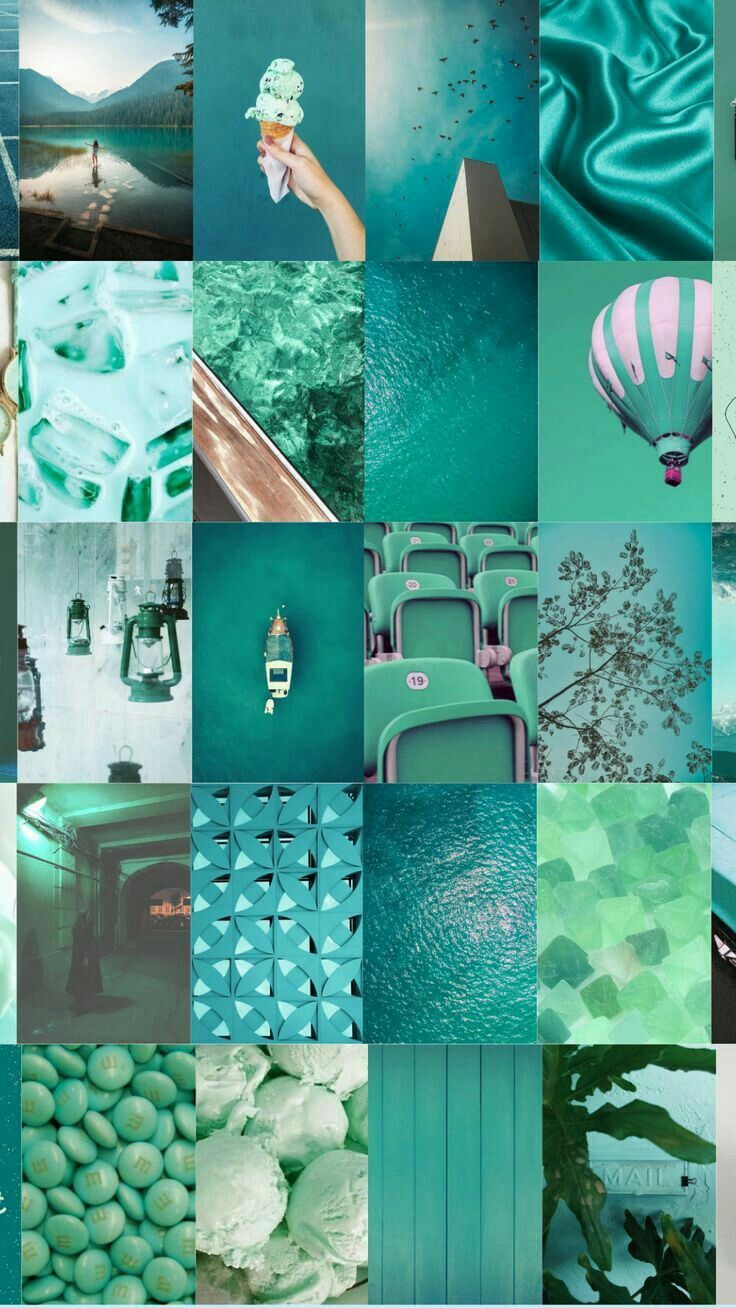 Teal aesthetic background with images of nature, fashion, and travel. - Aqua