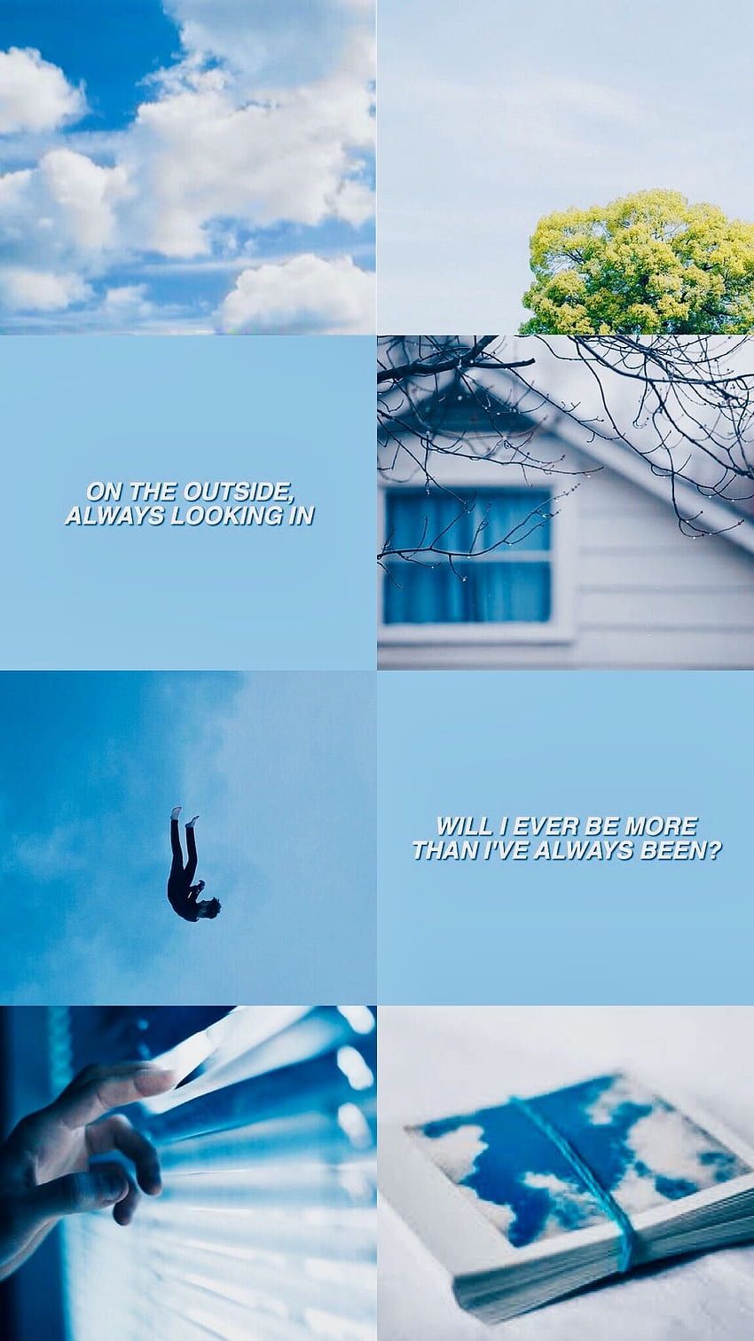 Aesthetic collage of a person diving into water, a book, a tree, and a house - Aqua