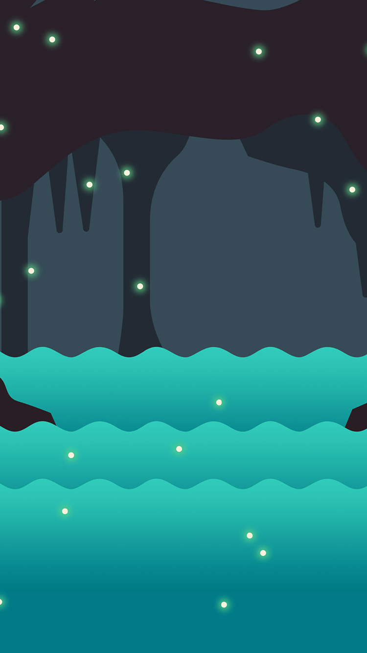 A cave with fireflies and a river. - Aqua