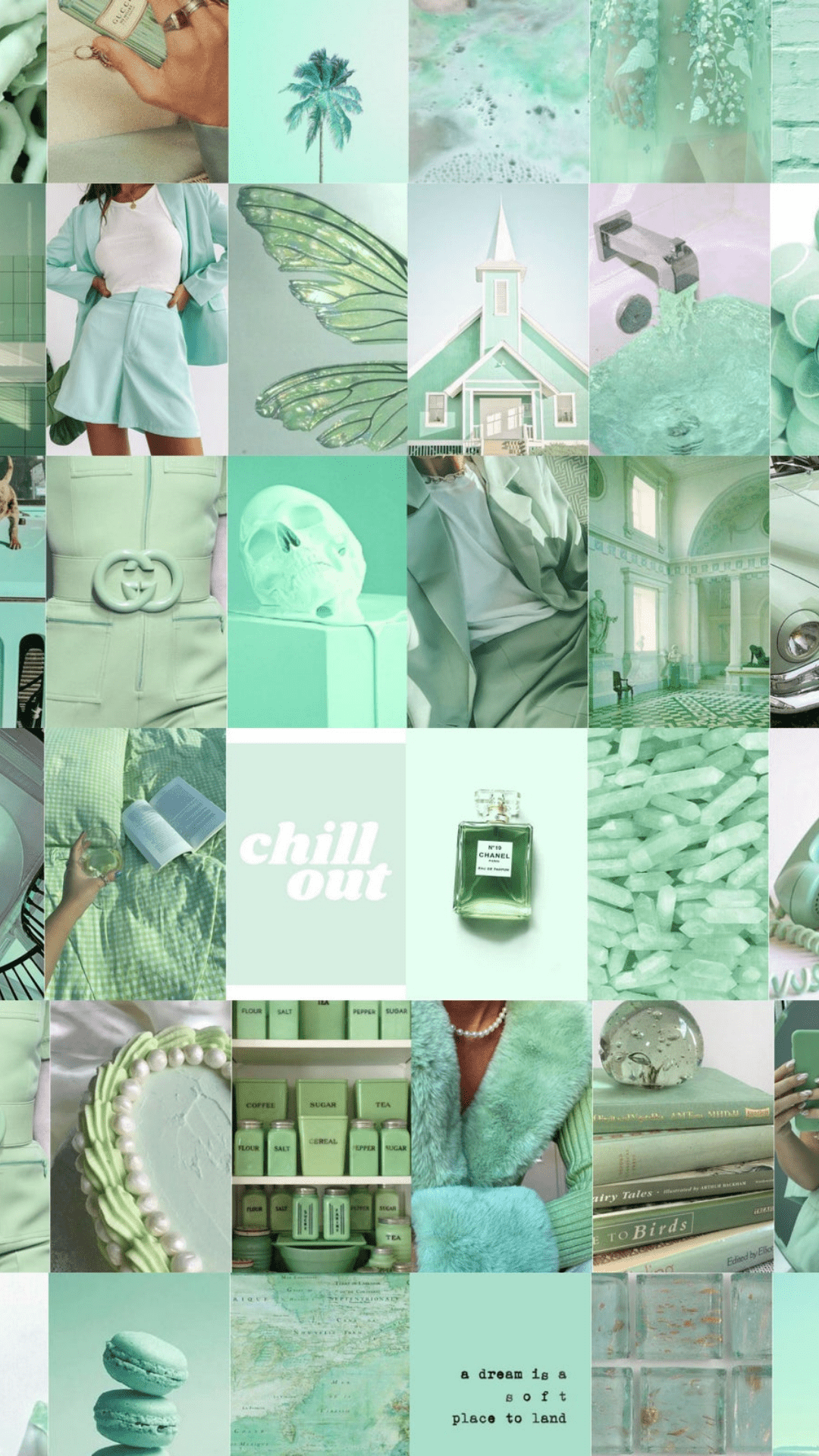 A collage of pictures with green and white backgrounds - Aqua