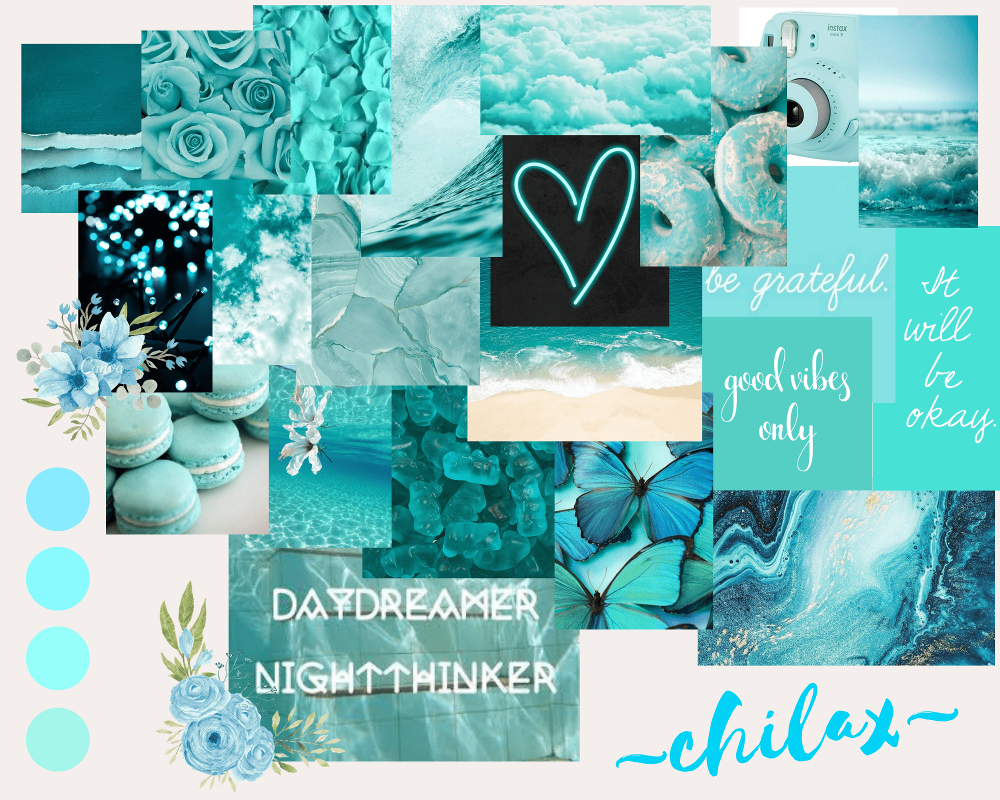 Collage of blue and white aesthetic images with the words 