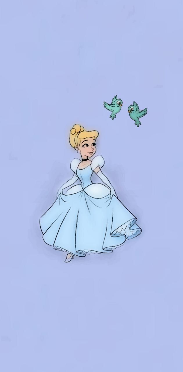 Cinderella in her blue dress with two birds flying above - 