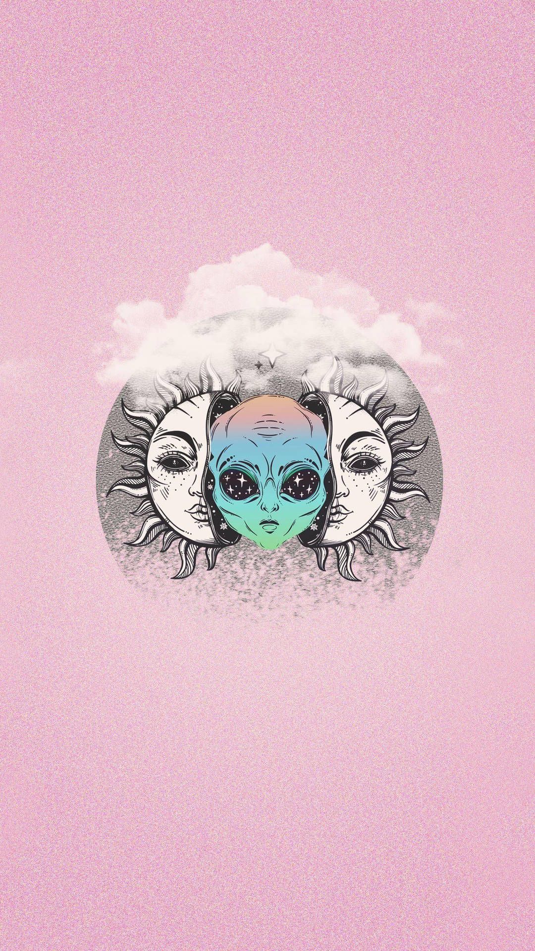 Aesthetic phone background with a sun and moon and an alien face - Alien, trippy