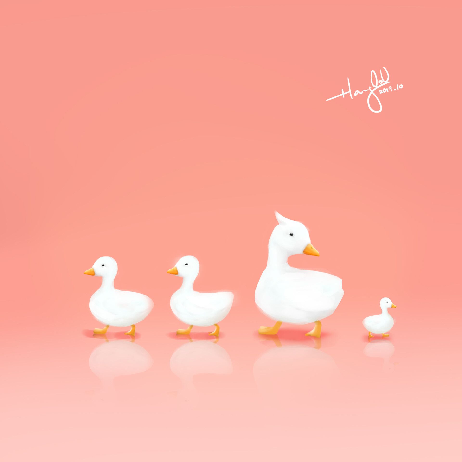A family of four white ducks walking on a pink background - Duck