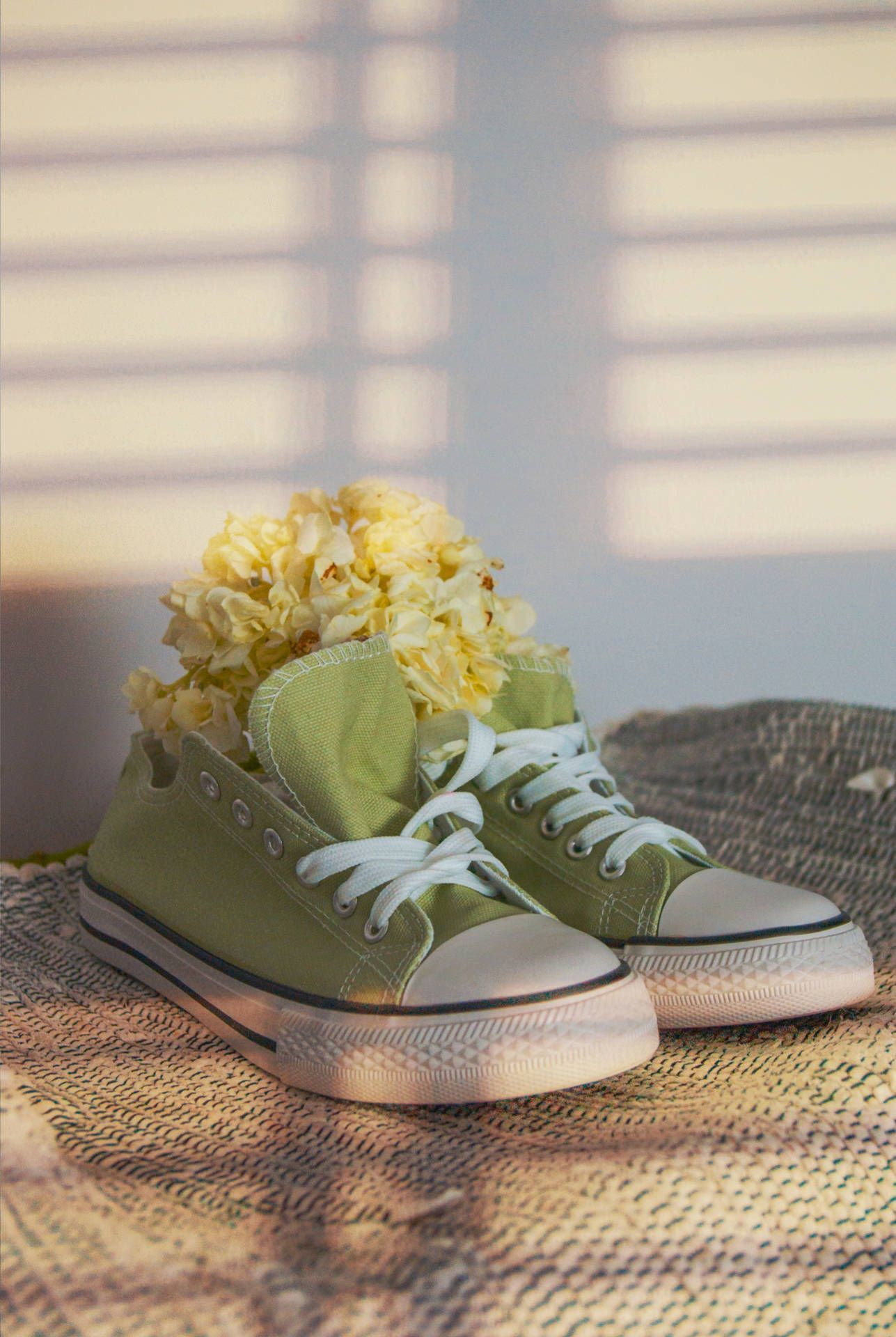 A pair of sneakers with flowers in them - Shoes, Converse, sage green