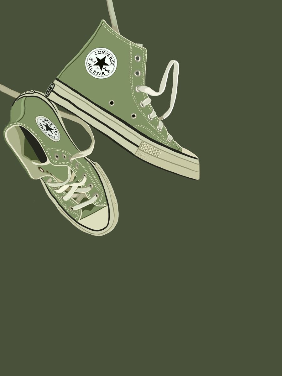 A pair of olive green converse sneakers hanging from a string. - Converse