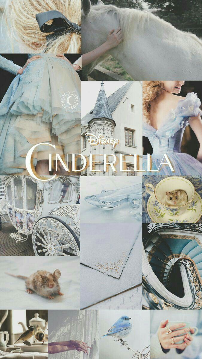 A collage of images from the movie Cinderella, including the castle, the horse and carriage, and the princess in her blue dress. - 