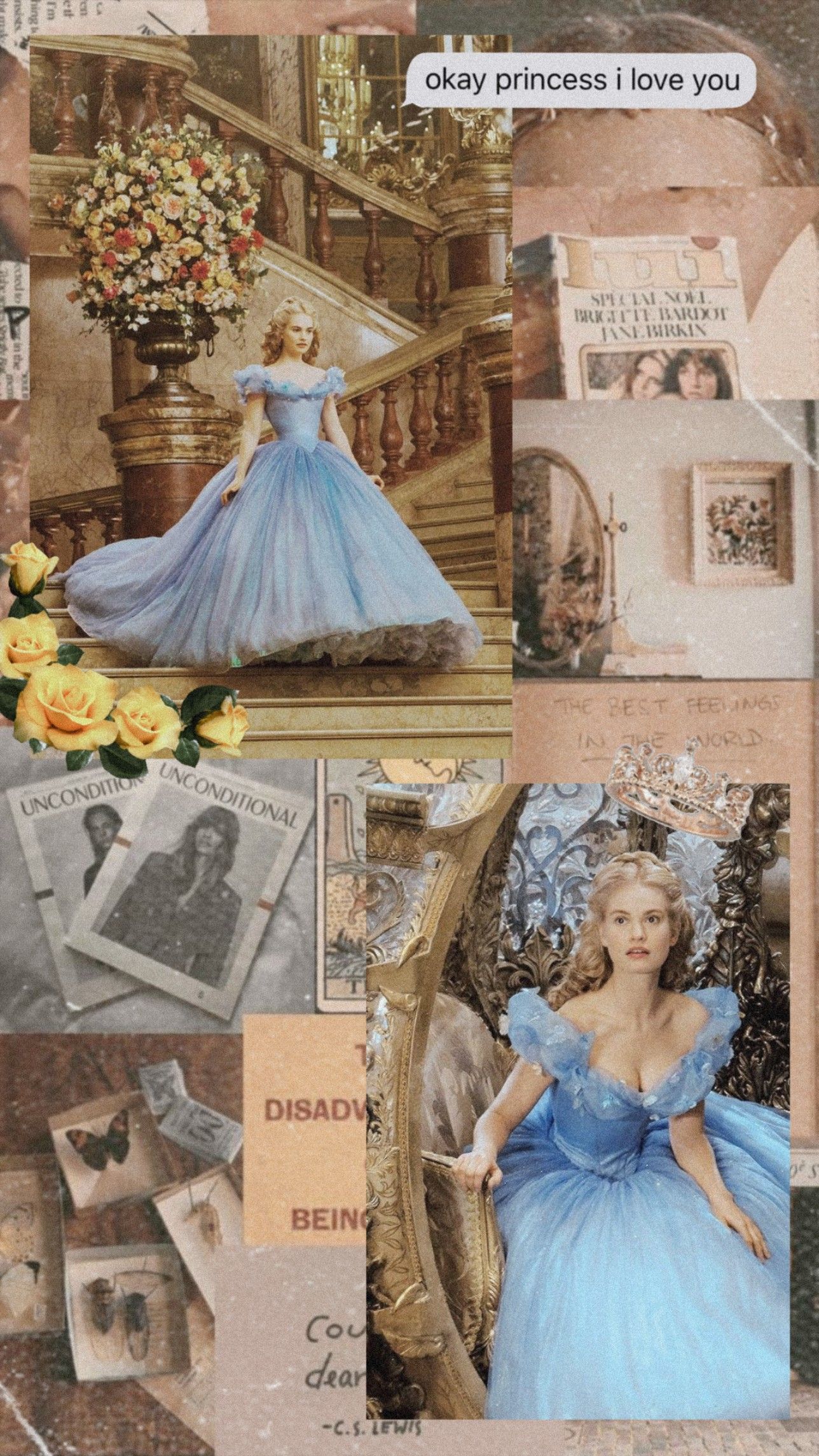 A collage of images of Cinderella in her blue ball gown, surrounded by images of her castle and other Disney princesses. - 