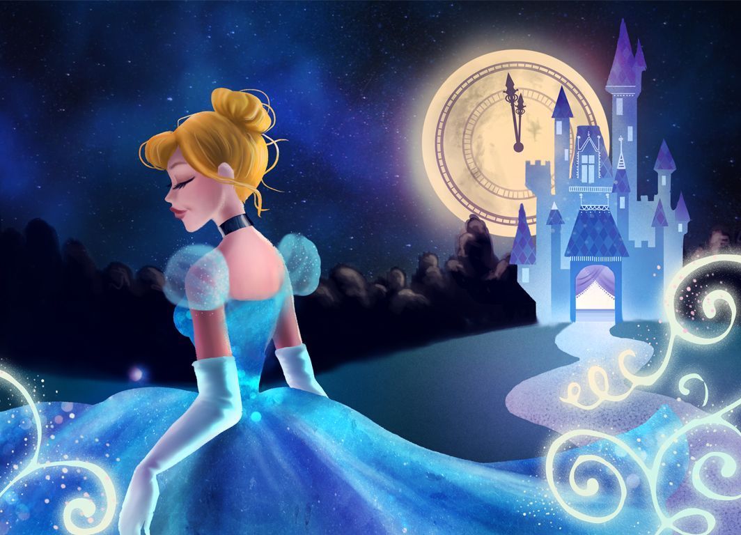 The full moon rises behind the castle as Cinderella walks away. - 