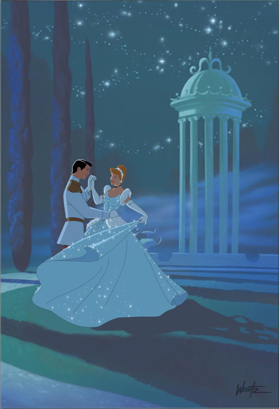 Cinderella and the prince dancing in the moonlight. - 