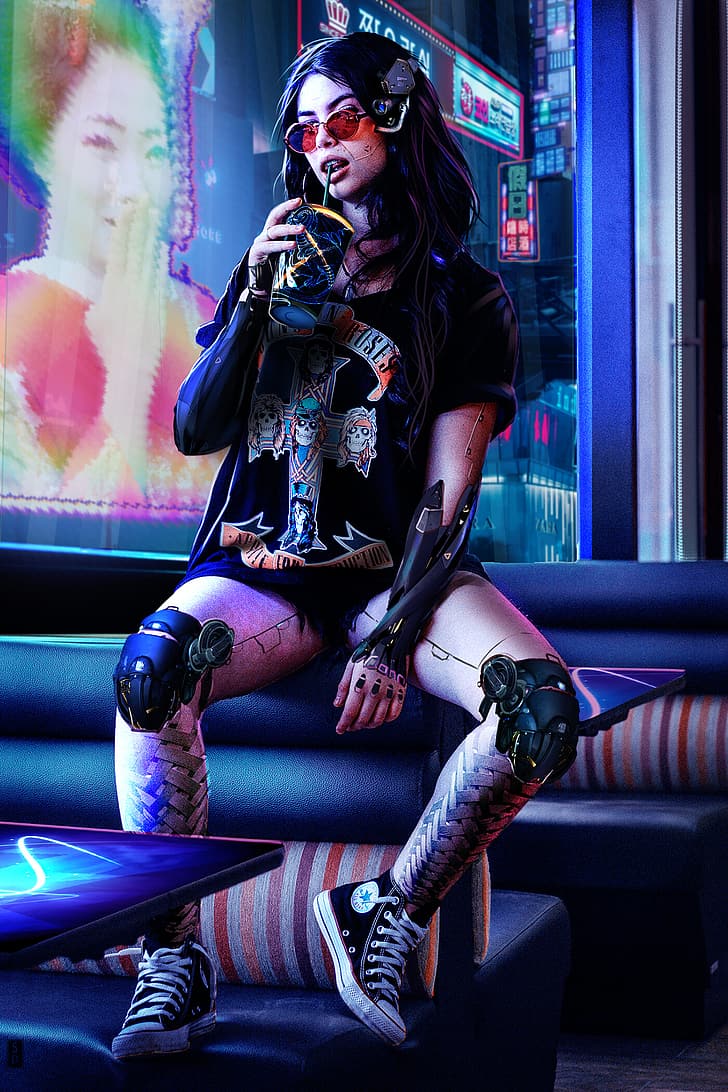 A Cyberpunk 2077 character sits on a couch with a drink in hand. - Converse