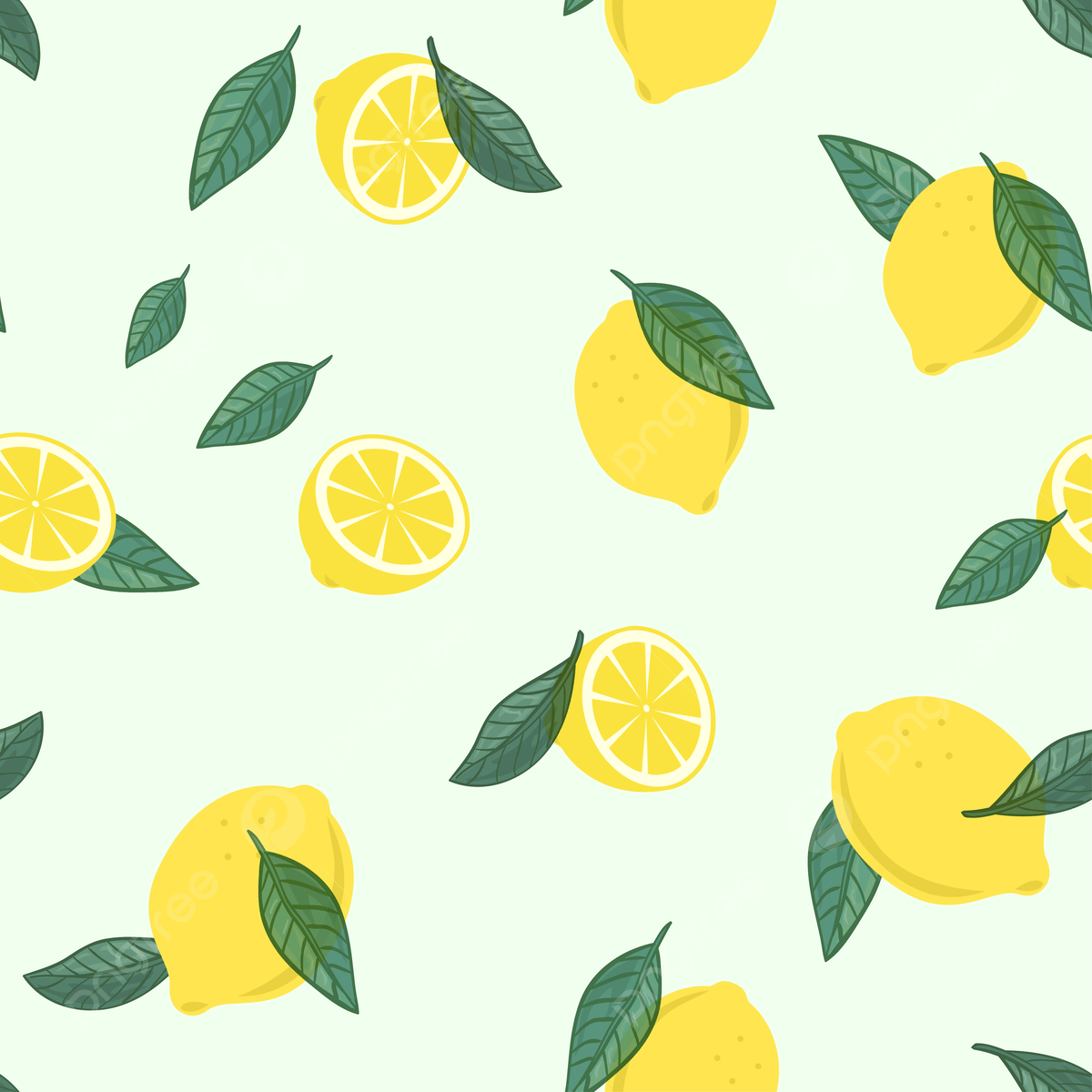A pattern of whole and sliced lemons with leaves on a light green background - Lemon