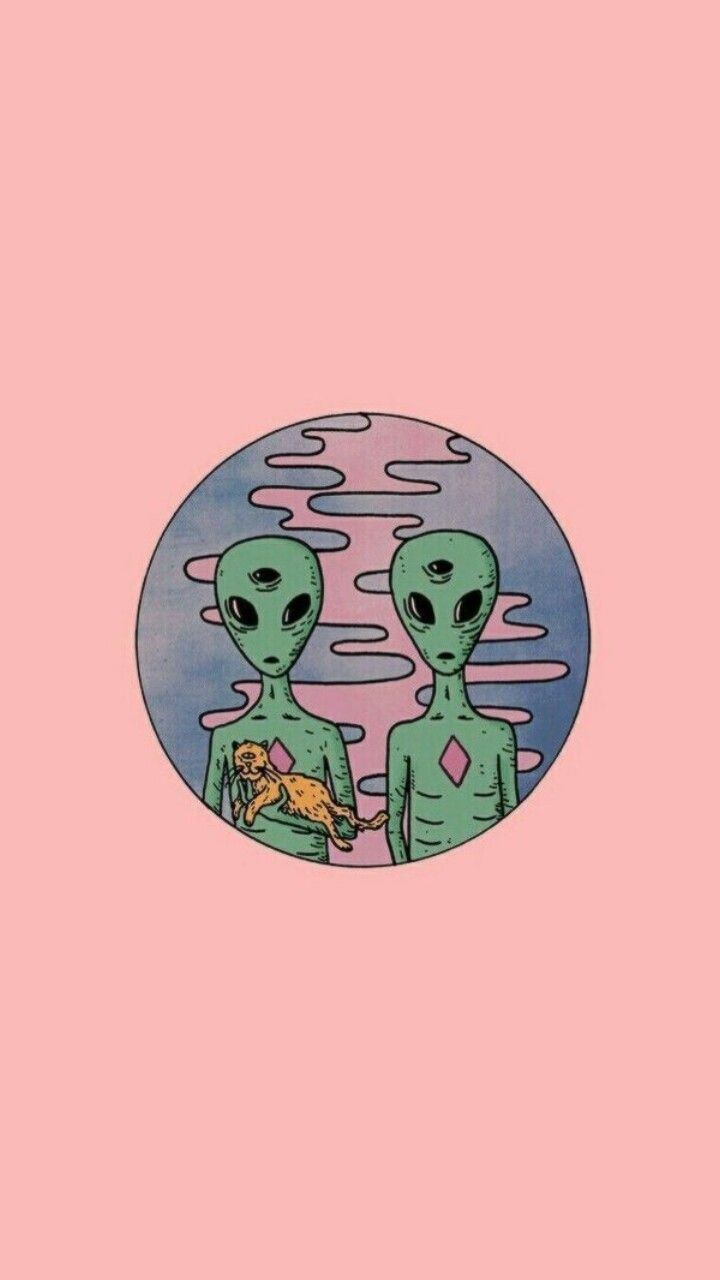 Two aliens holding hands on a pink background - Alien