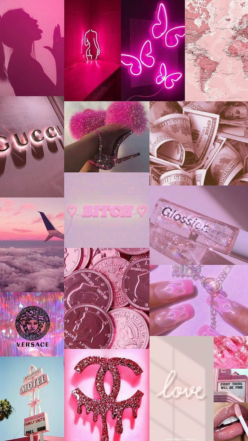 A collage of pictures with pink and white backgrounds - Gucci