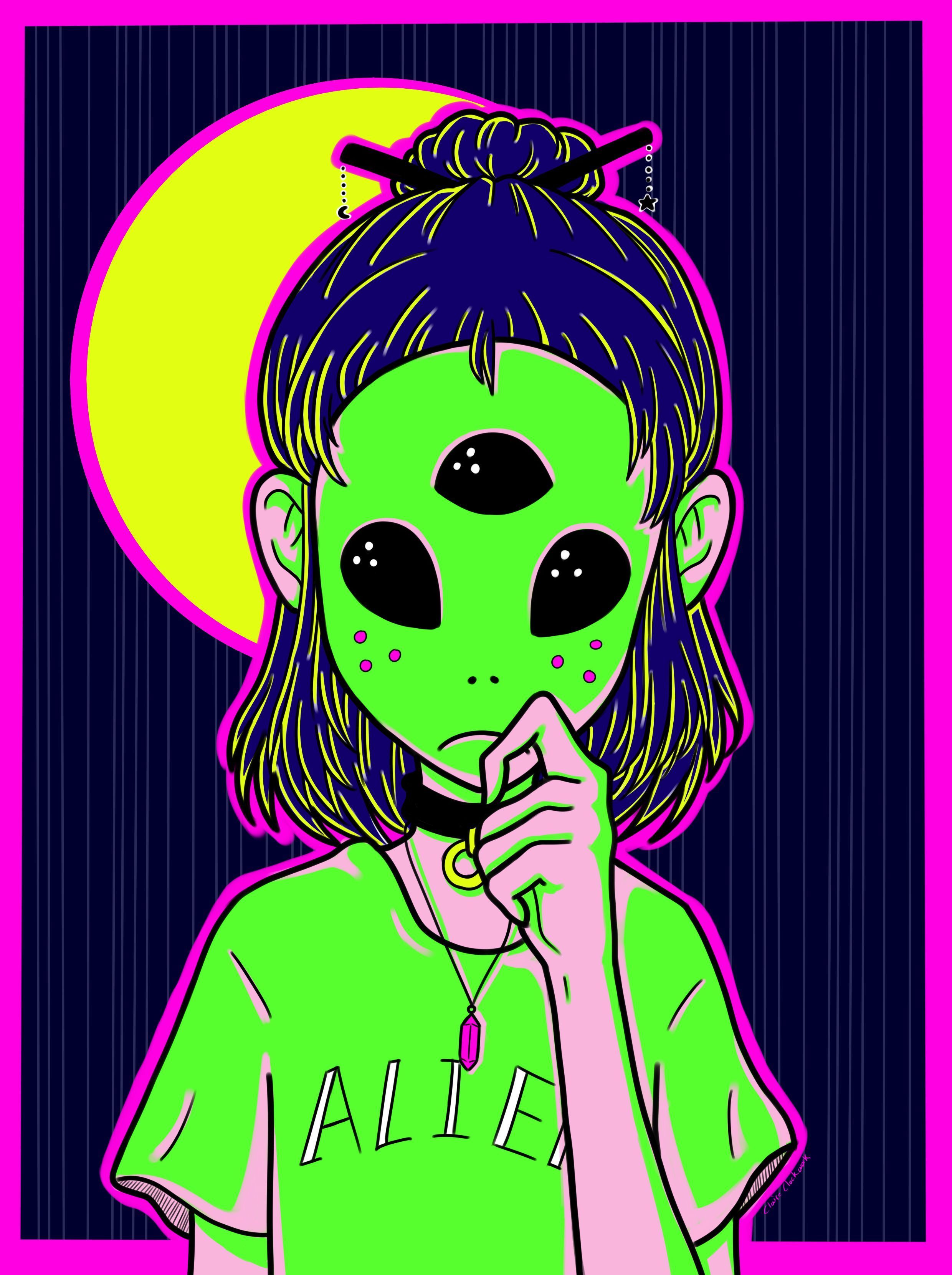 A green alien girl with three eyes and a pink moon behind her - Alien