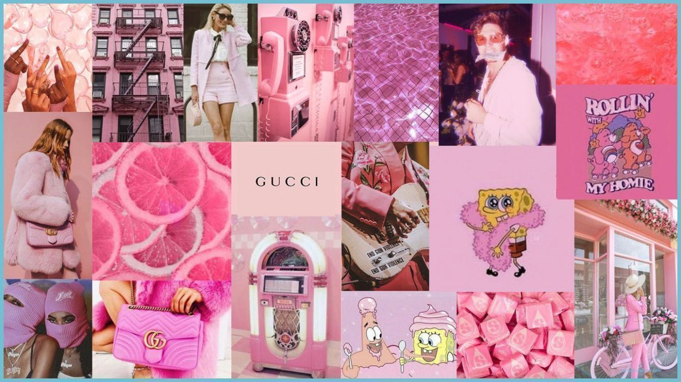 A collage of various pink images including Gucci, spongebob, and candy. - Gucci