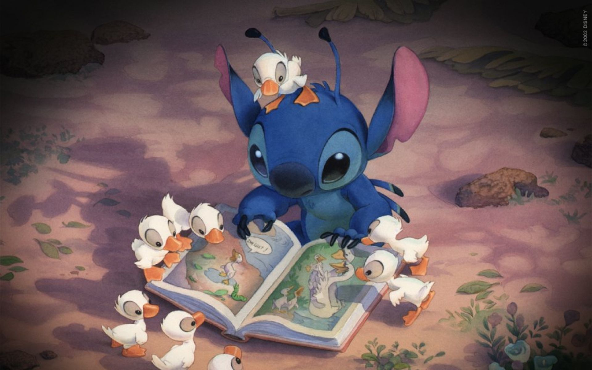 Stitch reading a book to ducklings - Stitch, duck, Disney