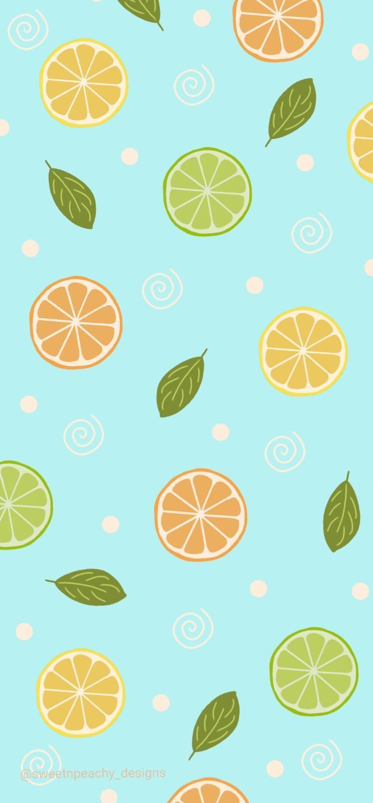 A blue background with slices of lemon, lime, and orange with leaves. - Lemon