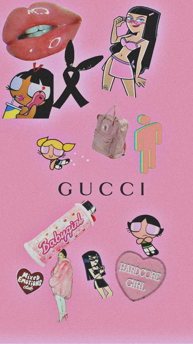 A pink background with stickers of different characters - Gucci