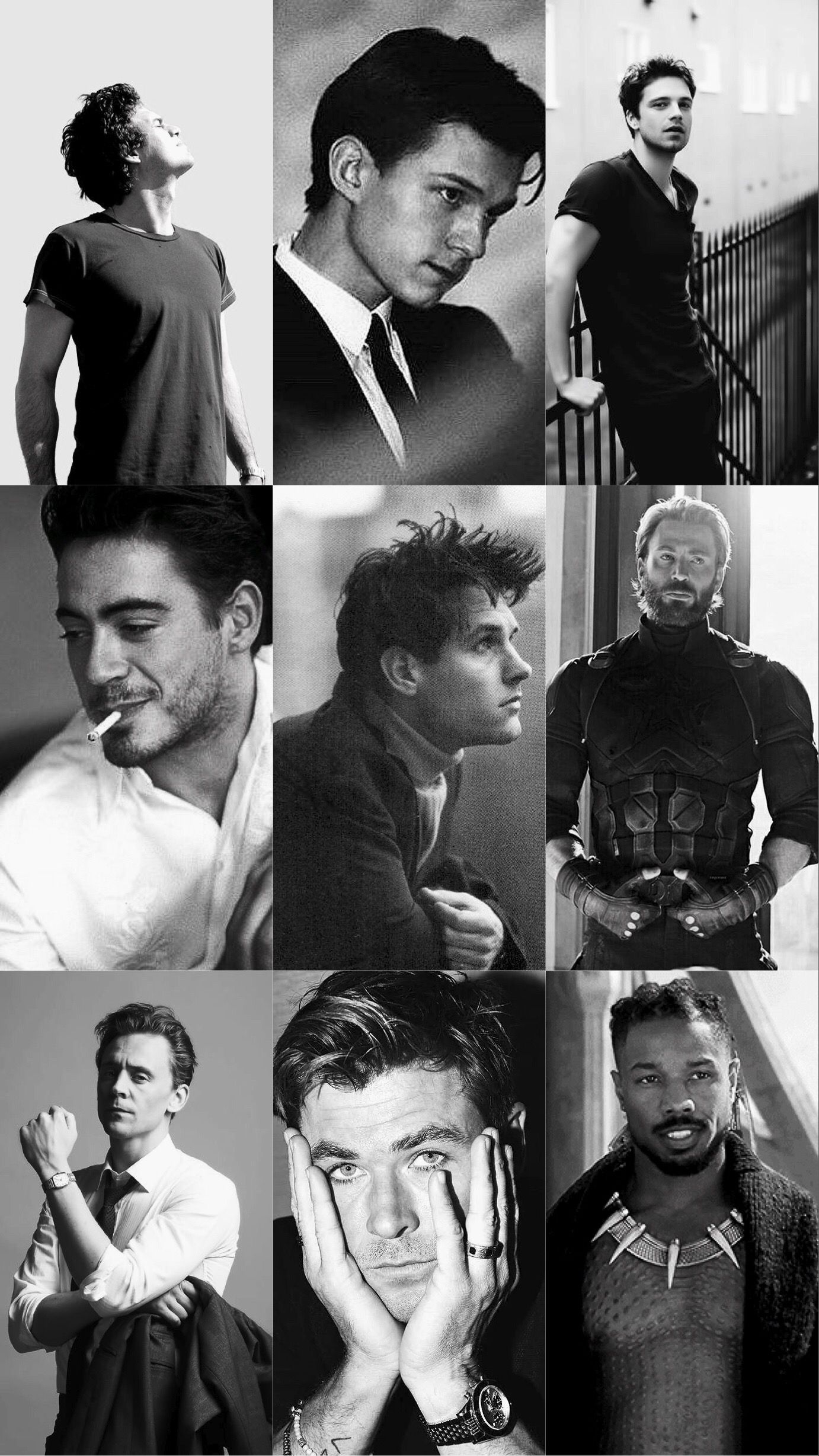 A collage of black and white photos of male celebrities. - Avengers