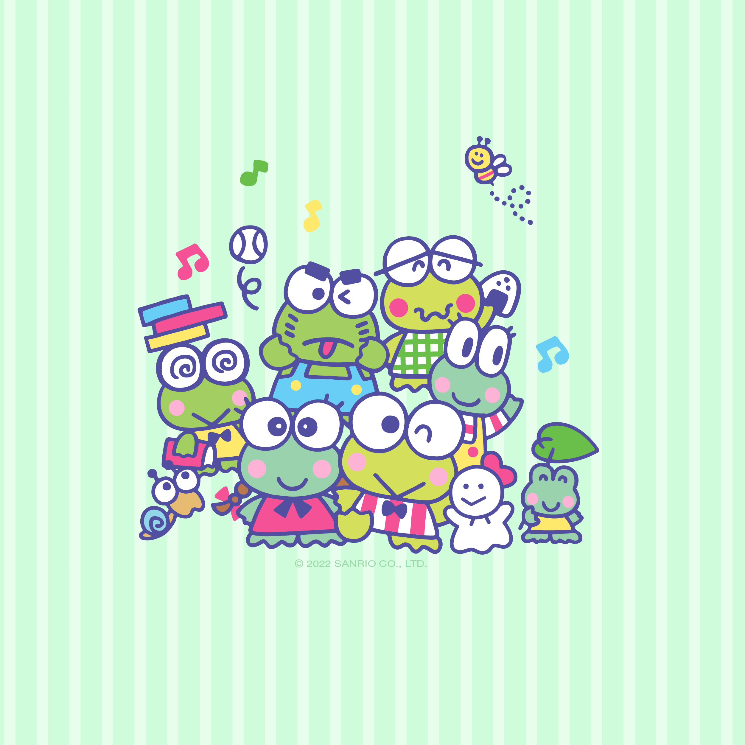 A wallpaper featuring Keroppi and friends on a green striped background - Keroppi