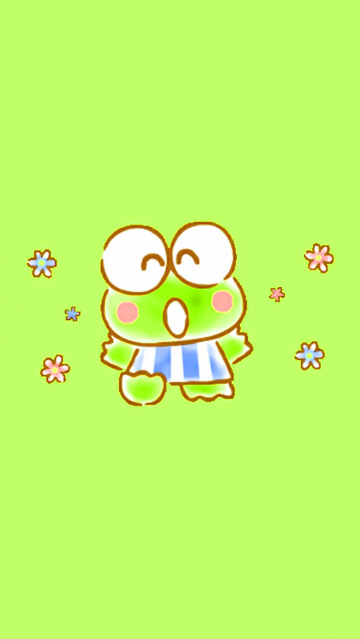 Keroppi, the cute green frog from Sanrio, is standing on a green background with flowers. - Keroppi