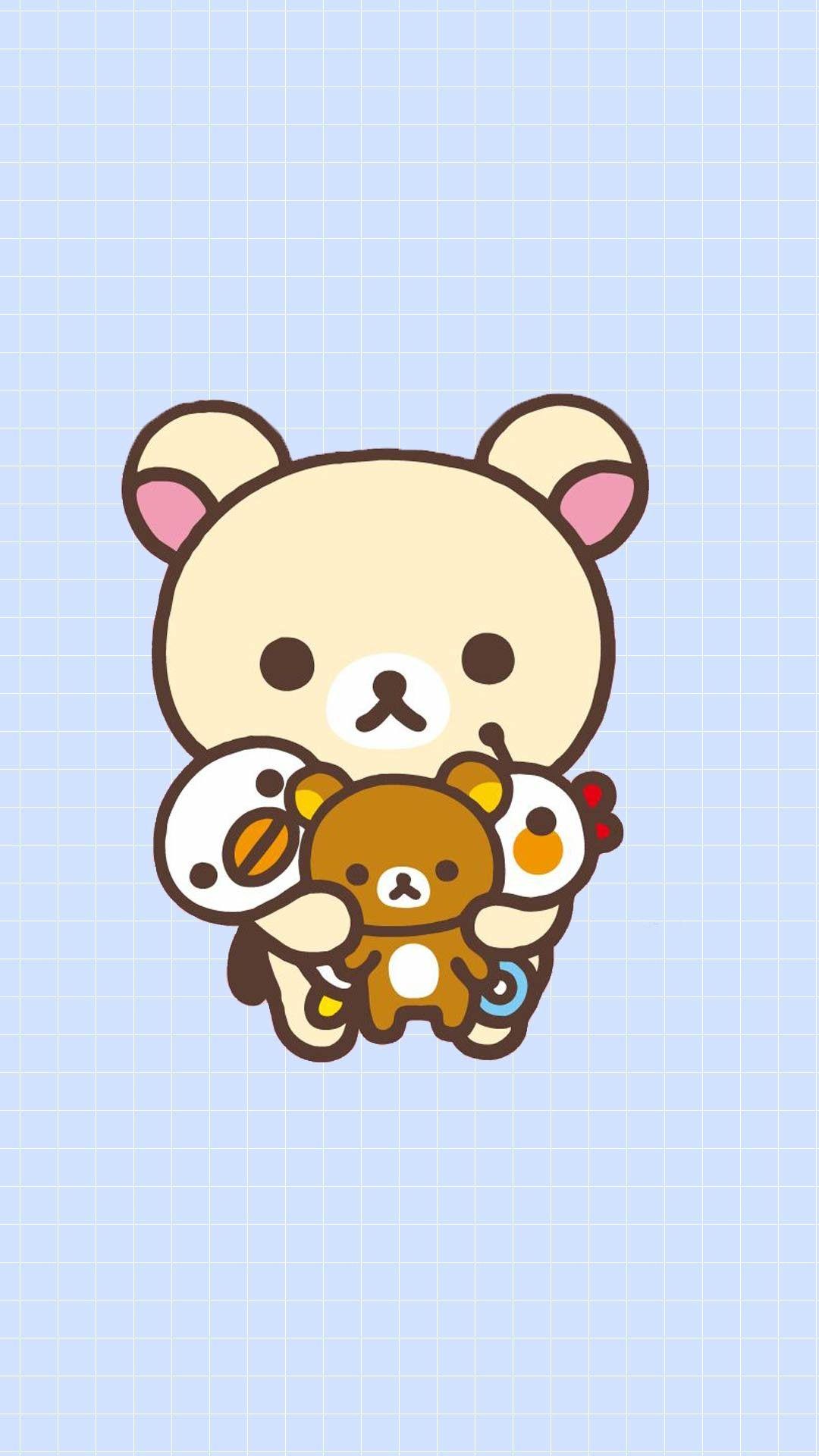 IPhone wallpaper of Rilakkuma holding a pile of small bears - Keroppi