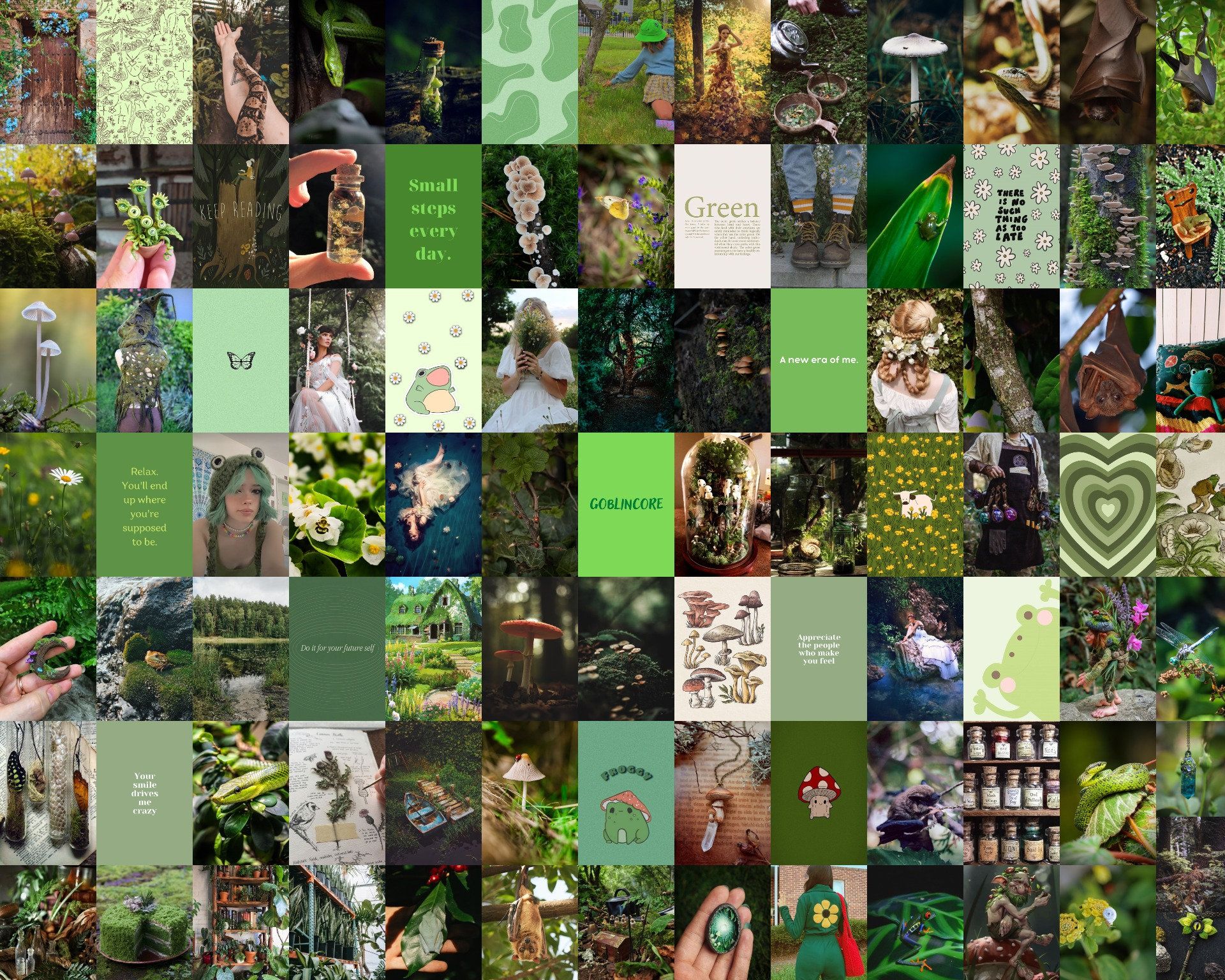 A collage of pictures with green backgrounds - Goblincore