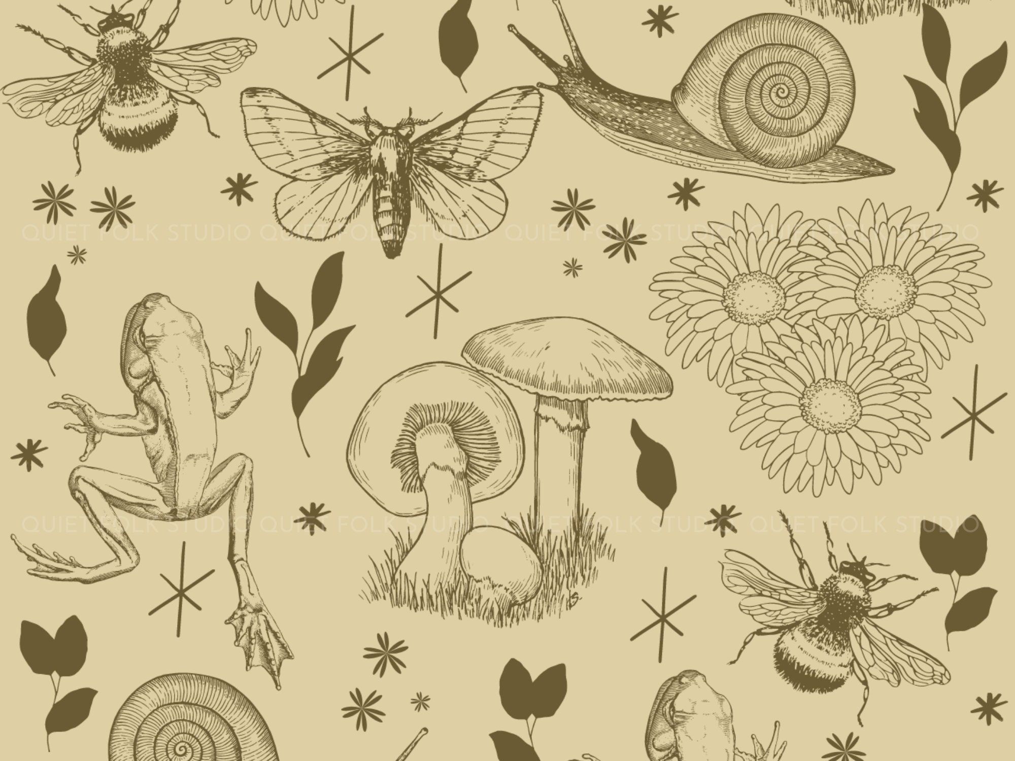 Hand drawn vintage seamless pattern with insects, snail, mushroom, flower and leaf on a beige background. - Goblincore