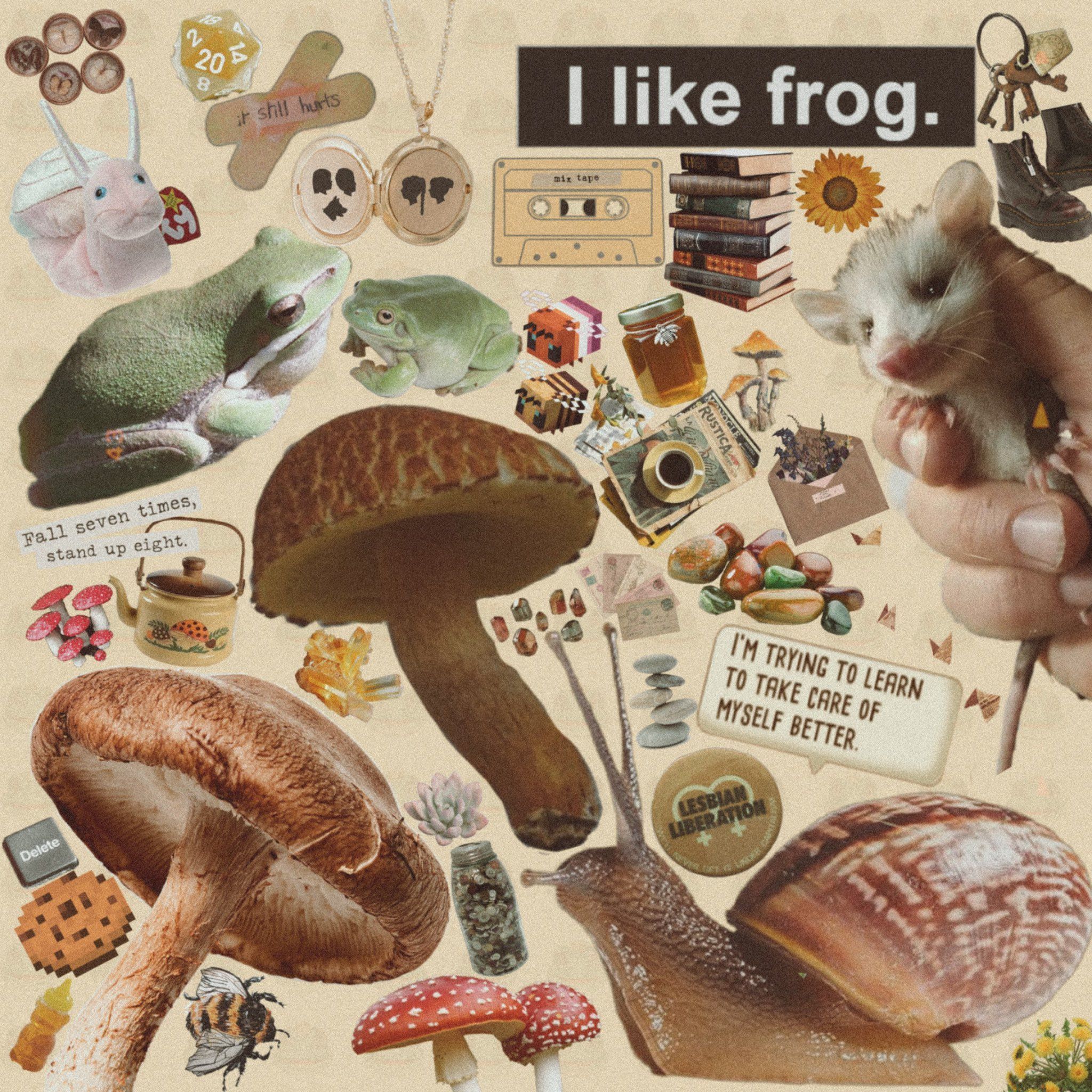 A collage of mushrooms, frogs, and mice - Goblincore