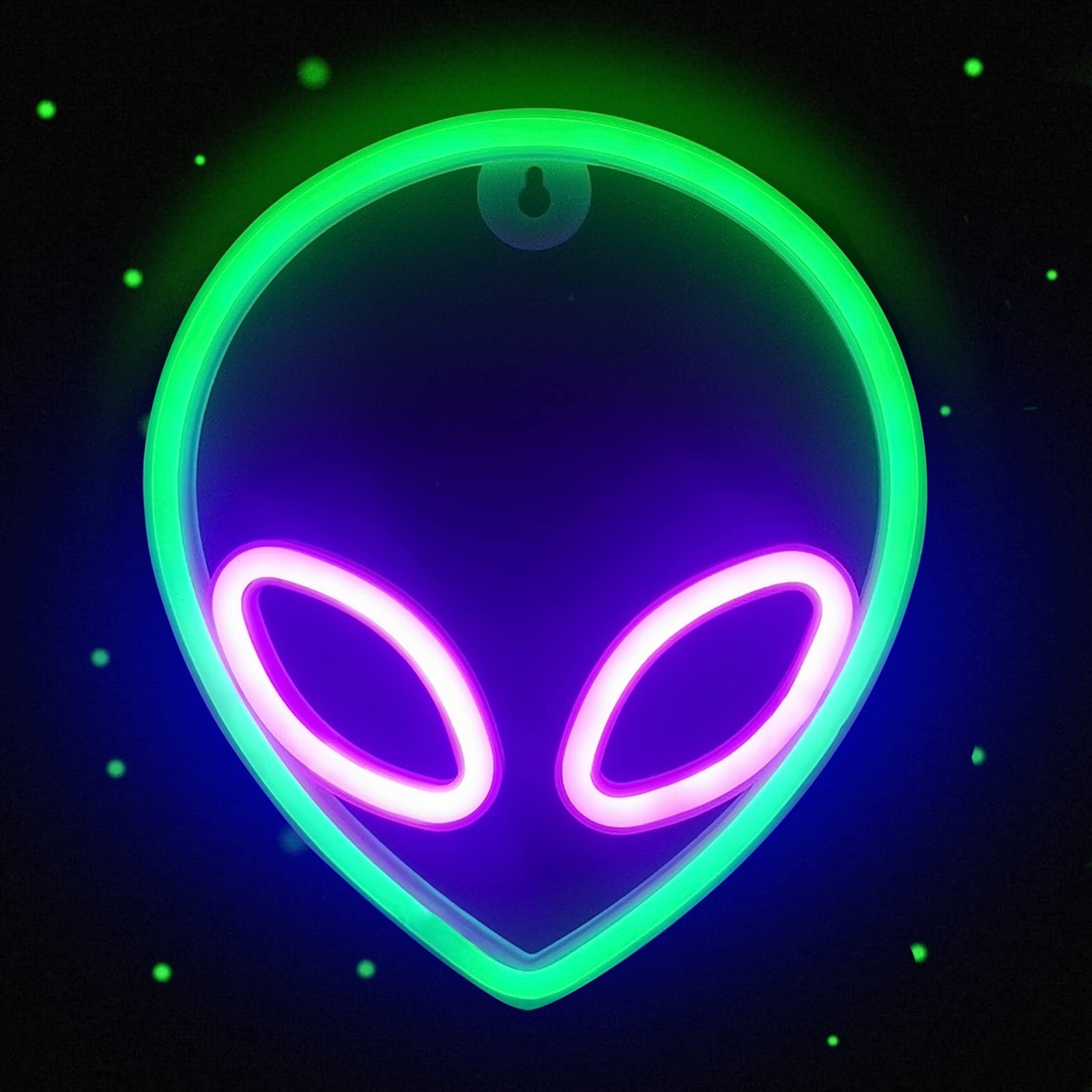 A neon green alien head with glowing eyes - Alien