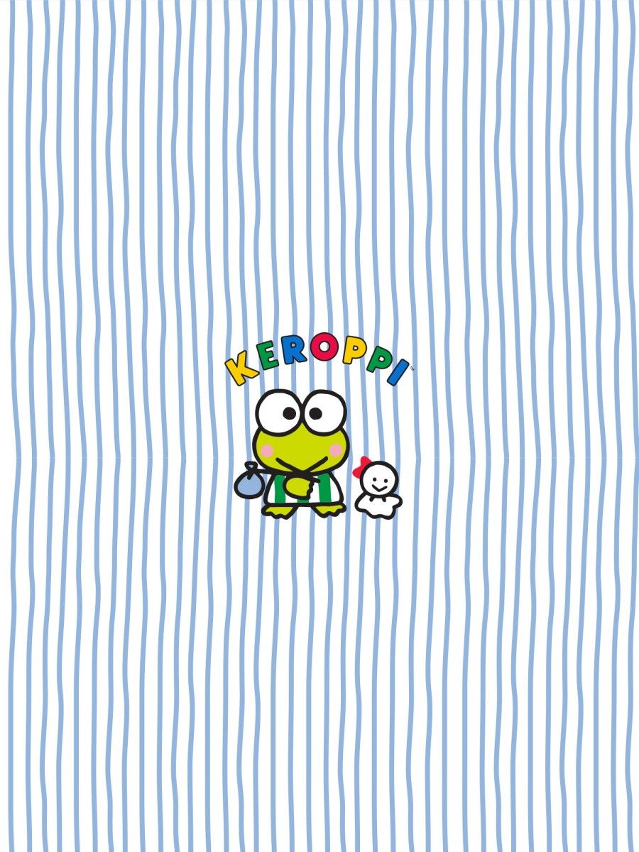 A wallpaper of a frog with a backpack on a blue and white striped background - Keroppi