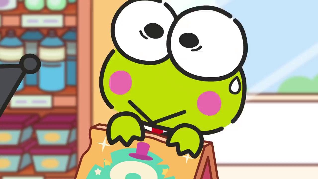 A cartoon frog holding an empty bag - Keroppi