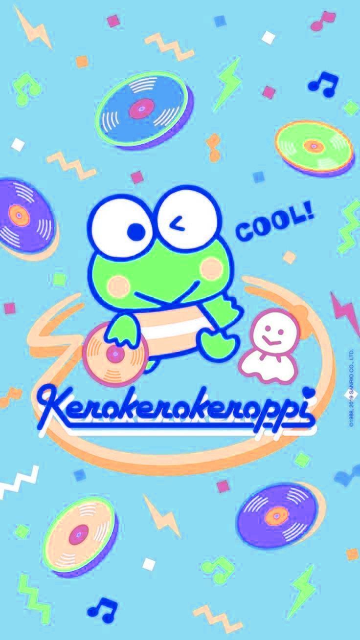 A frog sitting on top of some records with the word kenkenkeppas - Keroppi
