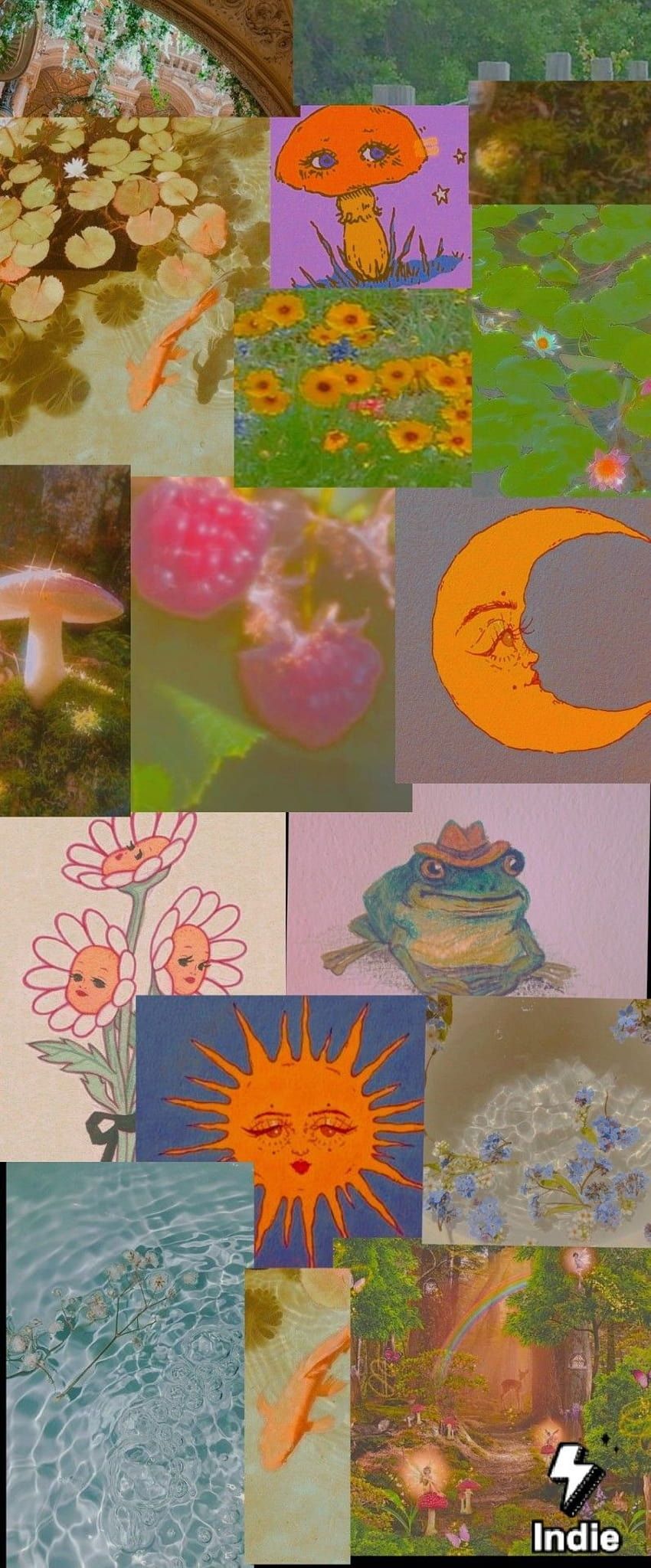 A collage of mushroom, sun and moon, and water aesthetic images - Goblincore