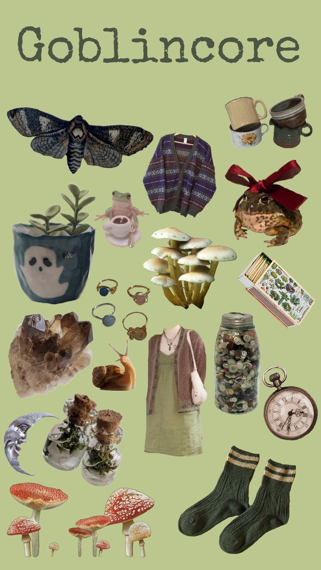 A collage of items including mushrooms, a cup, a butterfly, and a book. - Goblincore