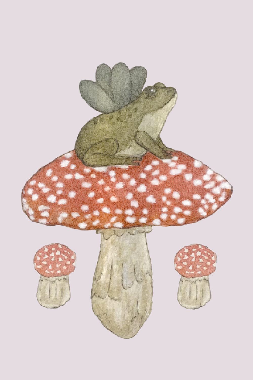 A watercolour painting of a green frog sitting on a red mushroom - Goblincore
