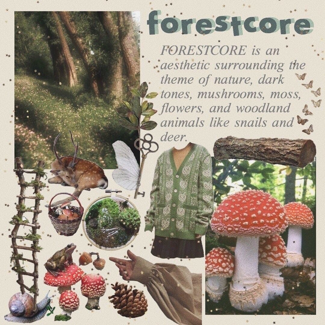 A collage of mushrooms, a deer, and the words 