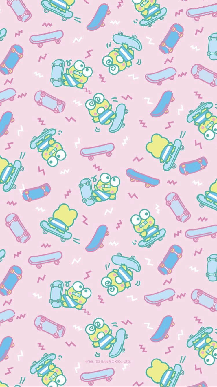 A pattern of toys on pink and blue background - Keroppi