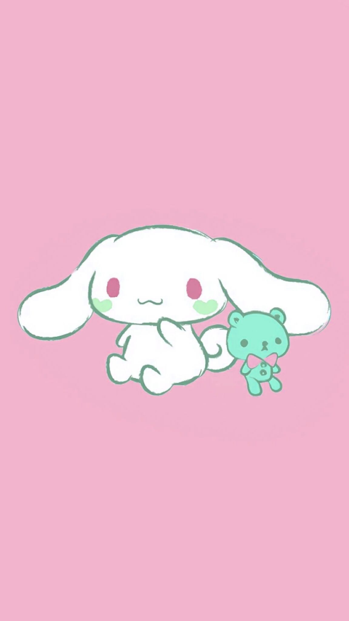 A picture of a white rabbit holding a teddy bear on a pink background - Keroppi