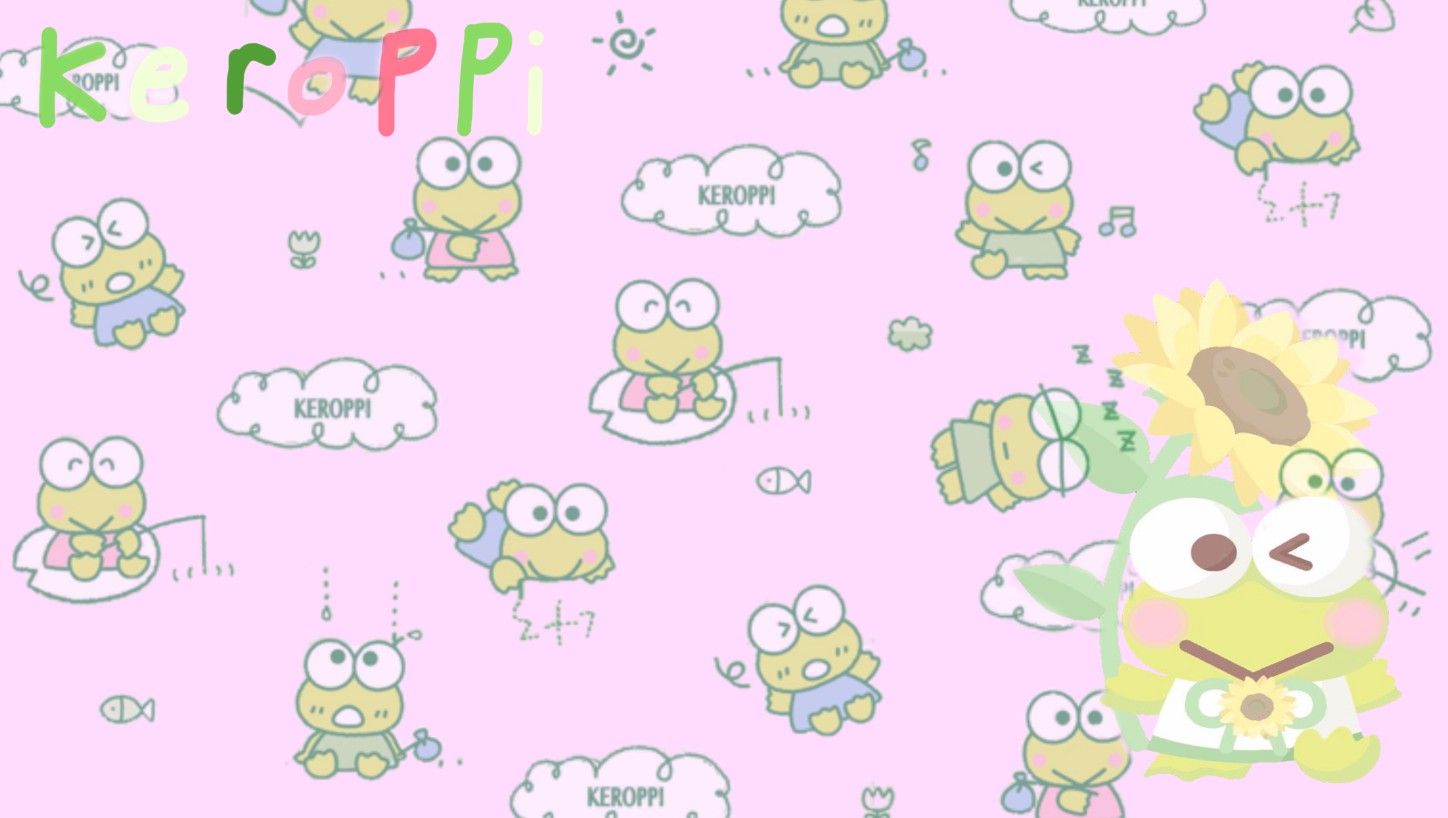A pink background with Keroppi, a green frog with a yellow sunflower on his head. - Keroppi