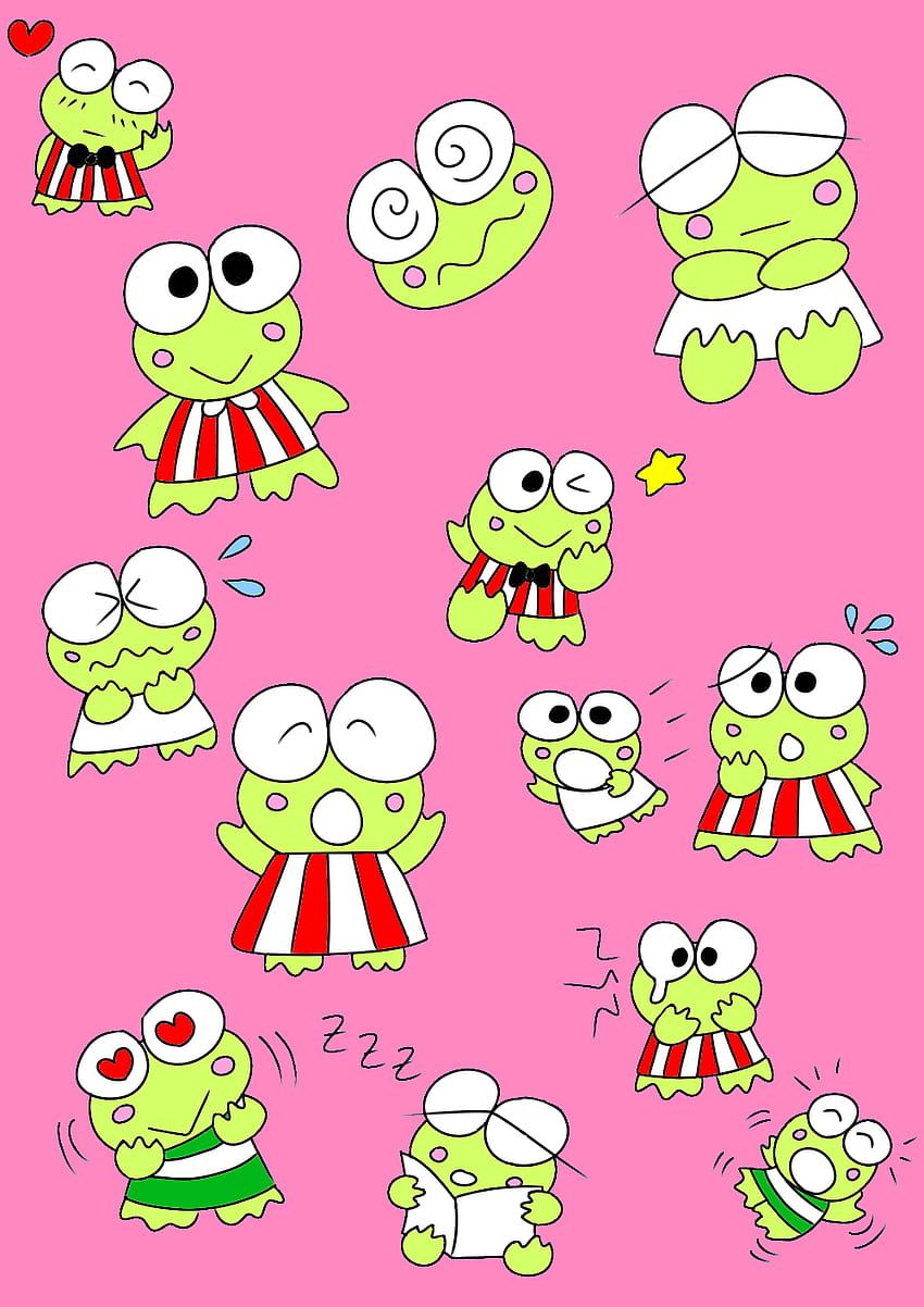 A group of cartoon frog characters on pink background - Keroppi