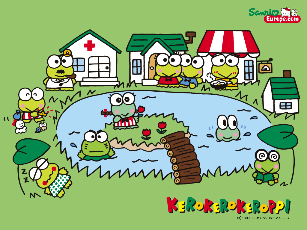 A group of frogs sitting on a log in a pond - Keroppi