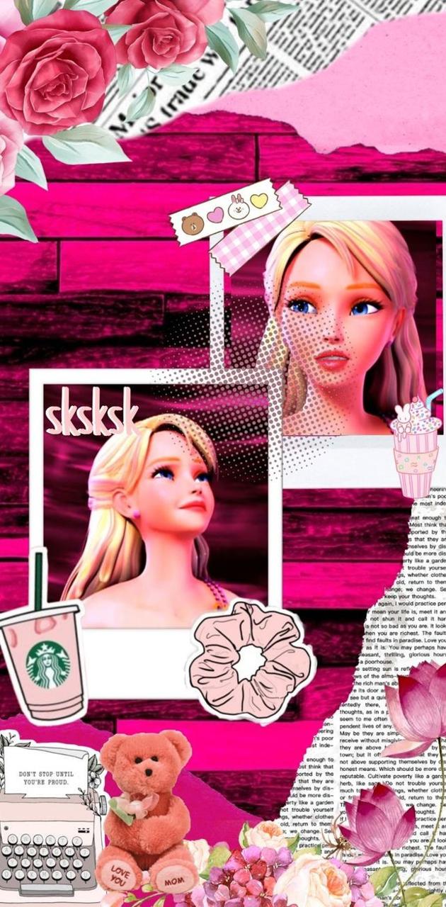 Aesthetic collage of a blonde girl, a teddy bear, and Starbucks. - Barbie