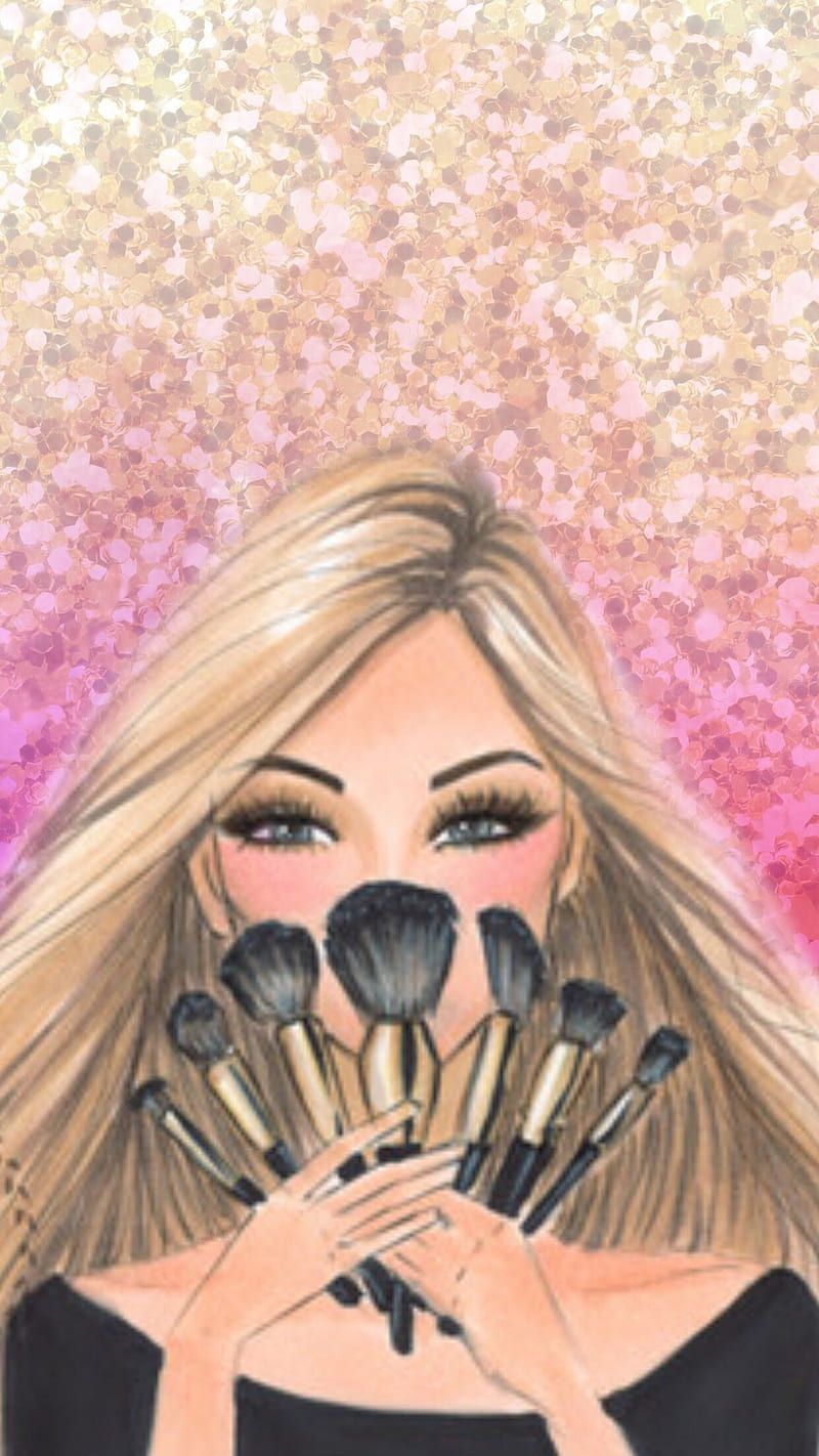 A woman with blonde hair holding up makeup brushes in front of her face. - Makeup