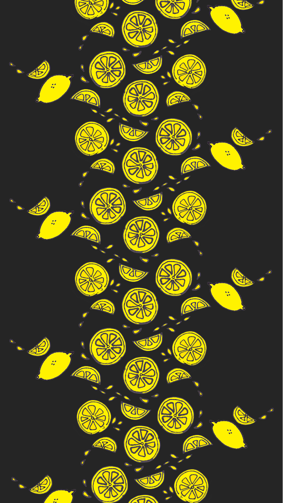 A black and yellow illustration of flying lemons - Lemon, fruit, yellow iphone