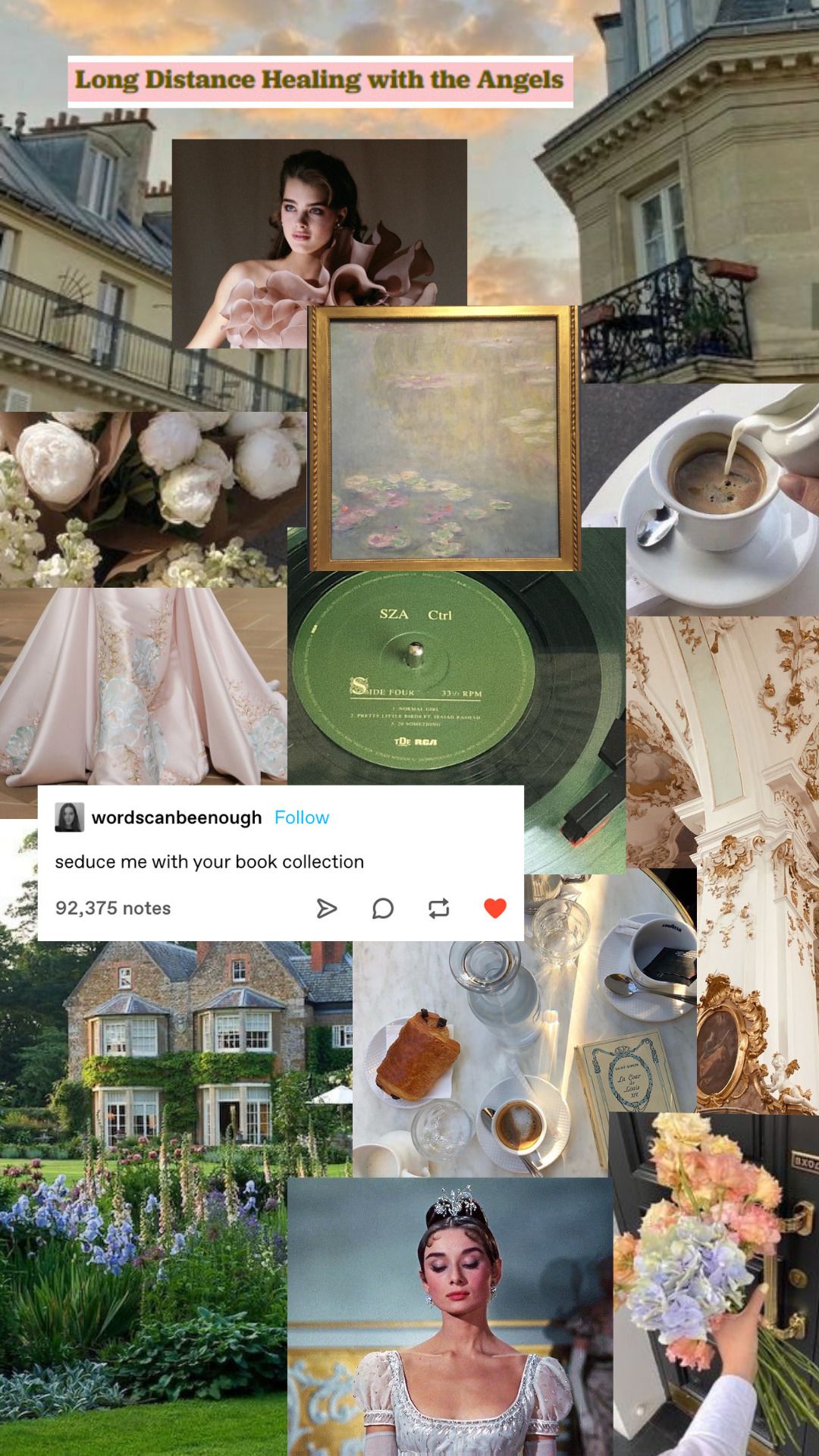 A collage of photos including a cup of coffee, a woman in a dress, a mansion, and a book. - Bridgerton